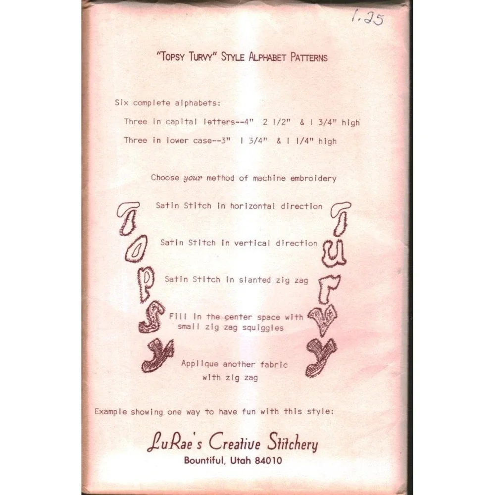 Vintage LuRae's Creative Stitchery Alphabet Embroidery Patterns Topsy Turvy Set